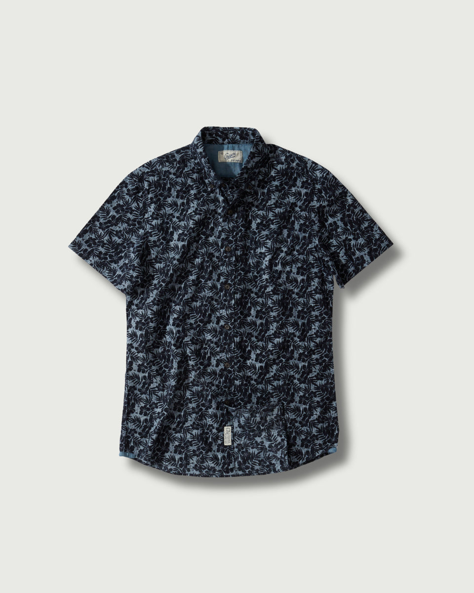 Navy Floral Printed Chambray Short Sleeve Shirt - Navy Floral