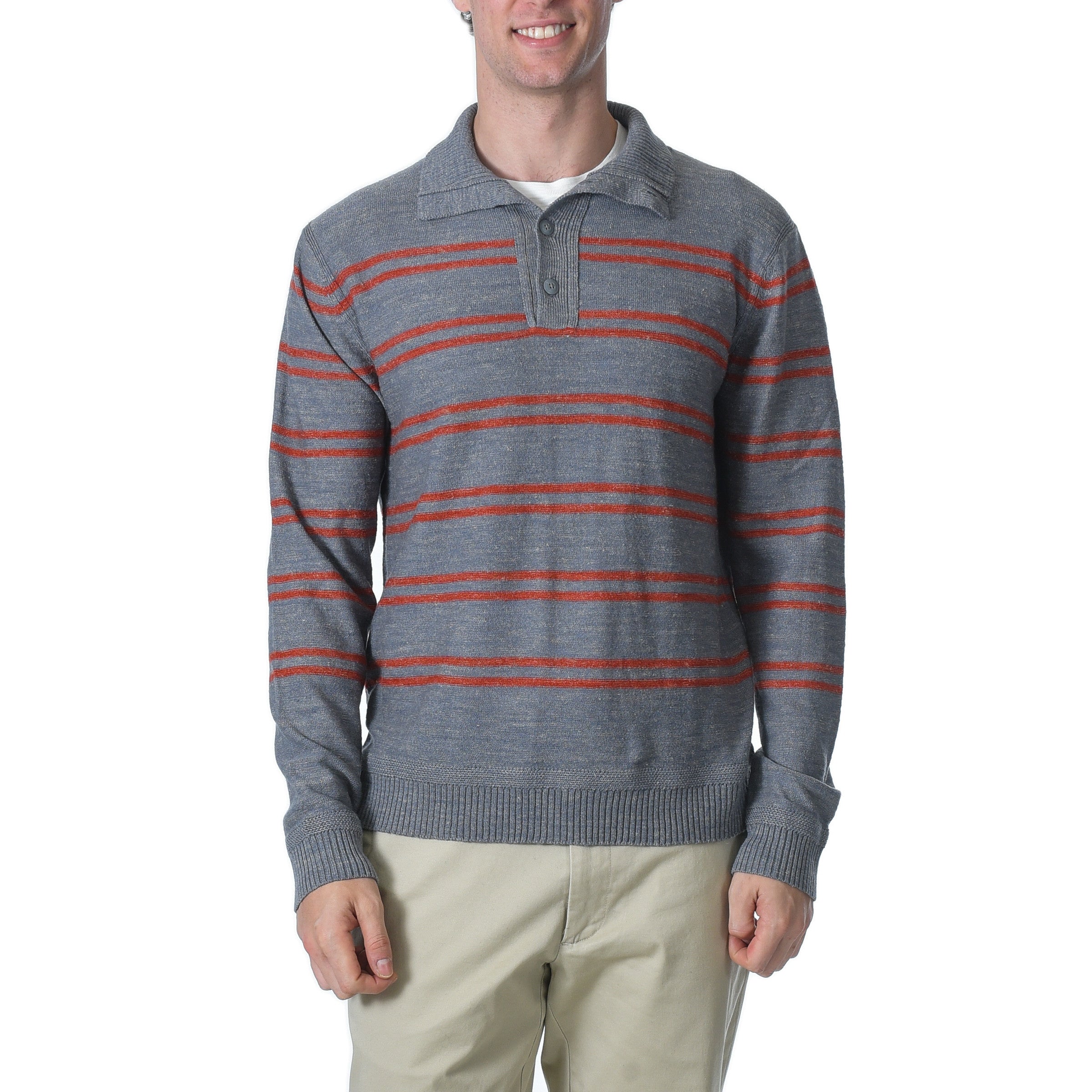 Wadsworth Wool Linen Stripe Mock - Gray Heather/Red Orange-Grayers