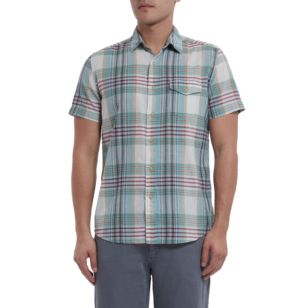 Livingstone's Classic Madras Plaid Short Sleeve Shirt - Lunar Rock Blue Tan-Grayers